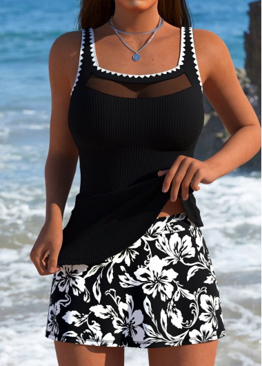 Modlily Tummy Coverage Mid Waisted Floral Print Black Tankini Set