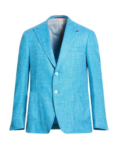 Man Blazer Azure Size 40 Wool, Silk, Linen, Polyamide