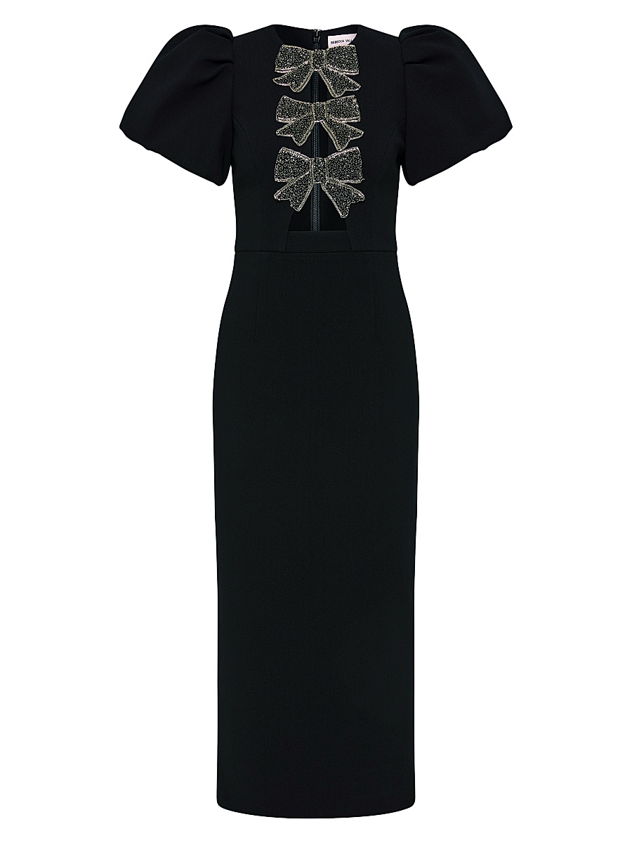 Women's Eliana Crystal-Embellished Velvet Puff-Sleeve Midi-Dress - Black