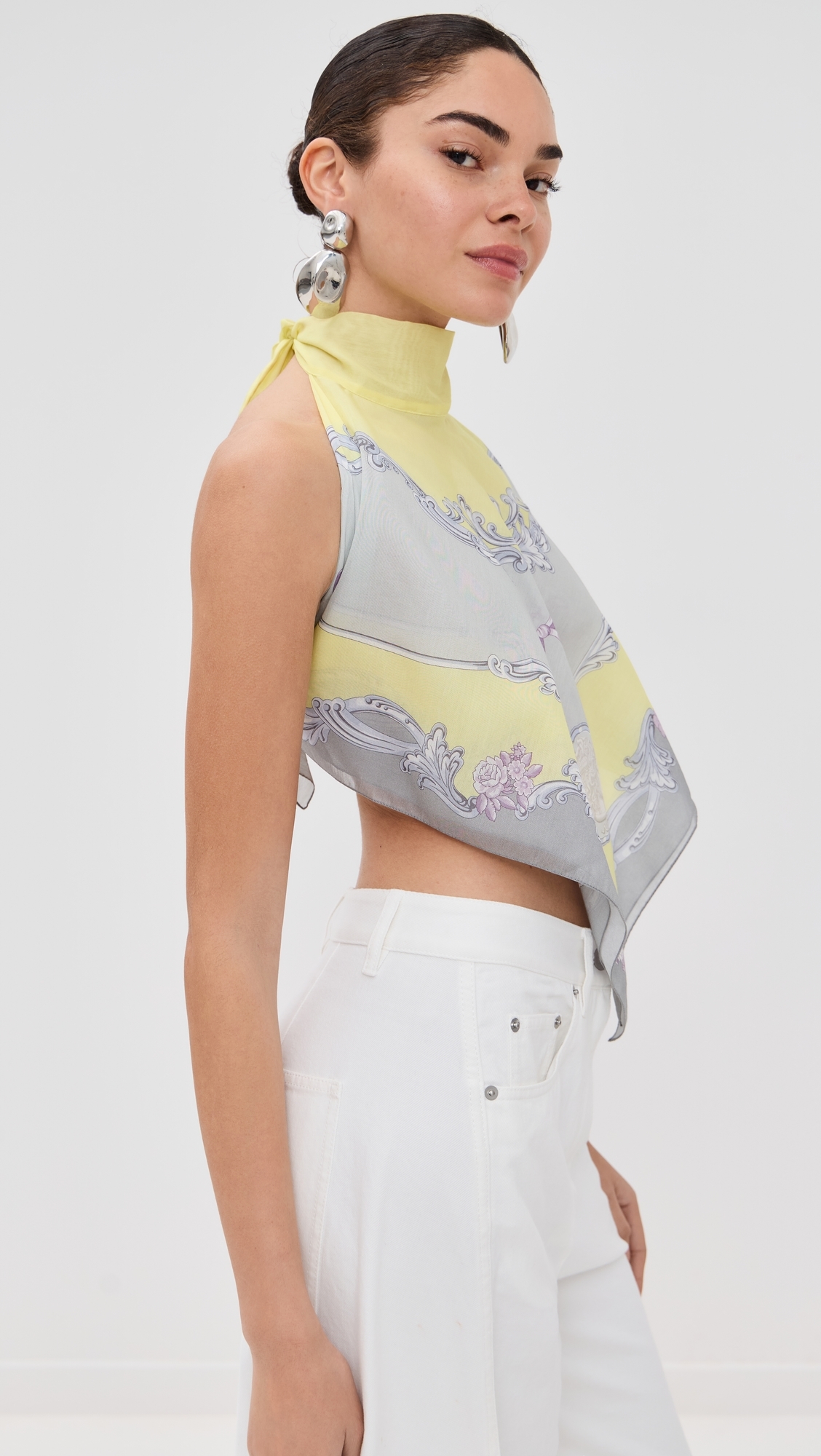Versace Beachwear Cotton Silk Voile Medusa Cameo Print Top Pale Yellow/Light Grey XL