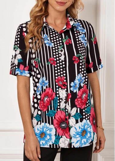 Modlily Polka Dot Floral Print Turndown Collar Blouse