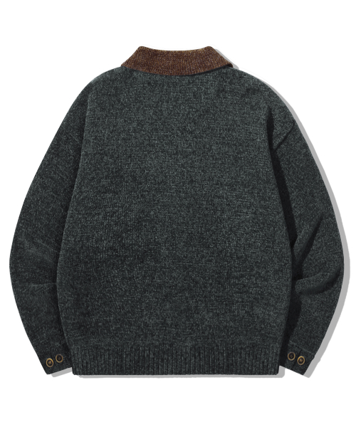 Leather Patchwork Velvet Cardigan Knit _ Khaki