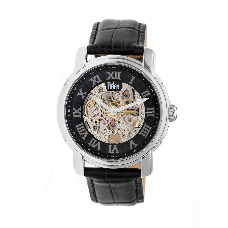 Kahn Black Skeleton Roman Numeral Black Leather Strap Mens Watch RN4304