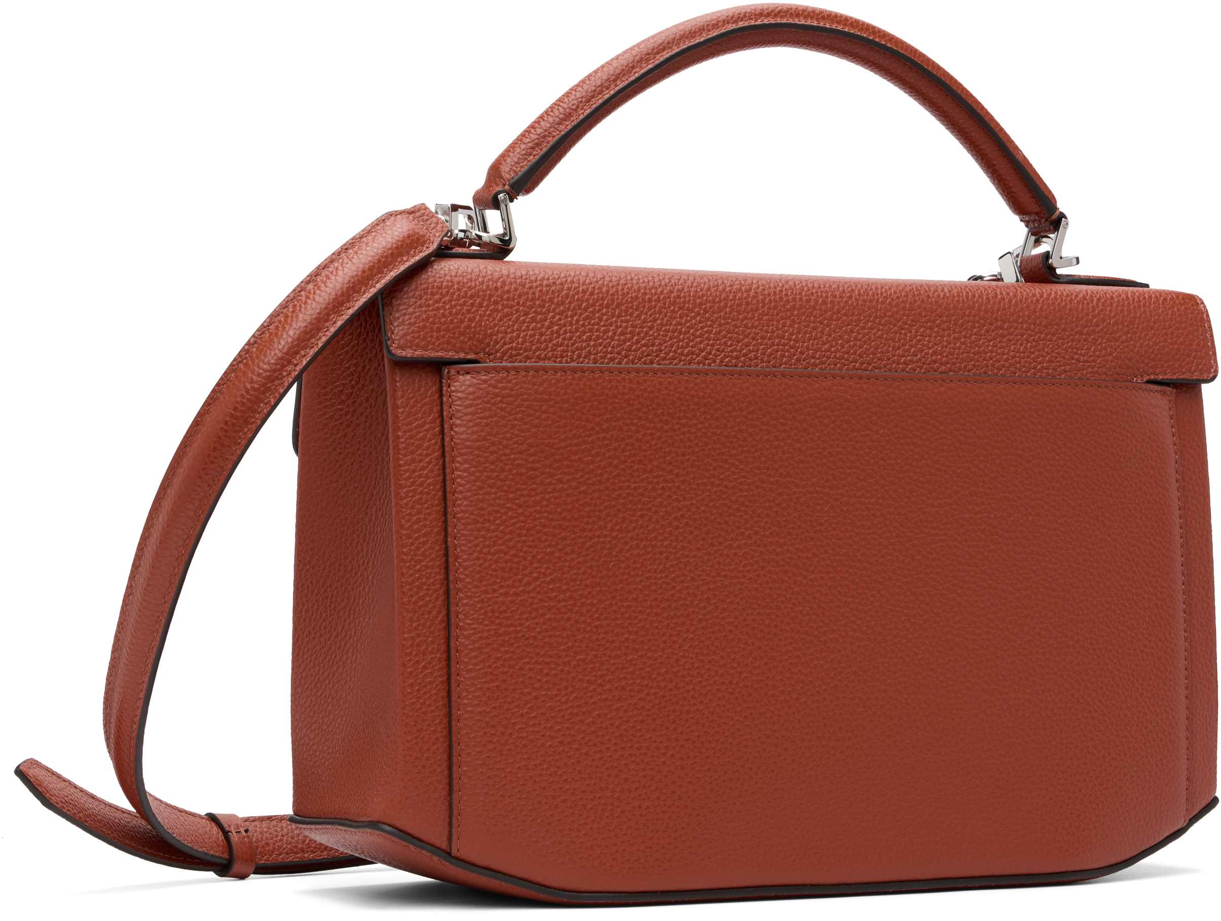 Brown Clip Grained-Leather Top Handle Bag