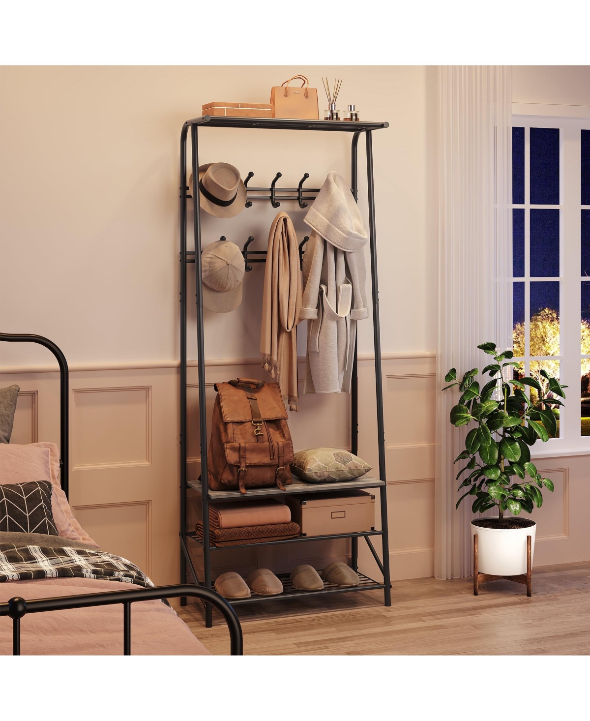 Hall Tree 4-In-1 Entryway Coat Rack with 5 Hooks and Shoe Storage Bench - Grey