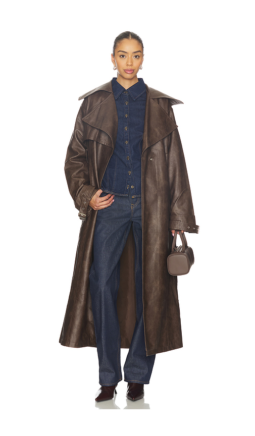 Superdown Astra Faux Leather Trench in Brown. M also in L, S, XL