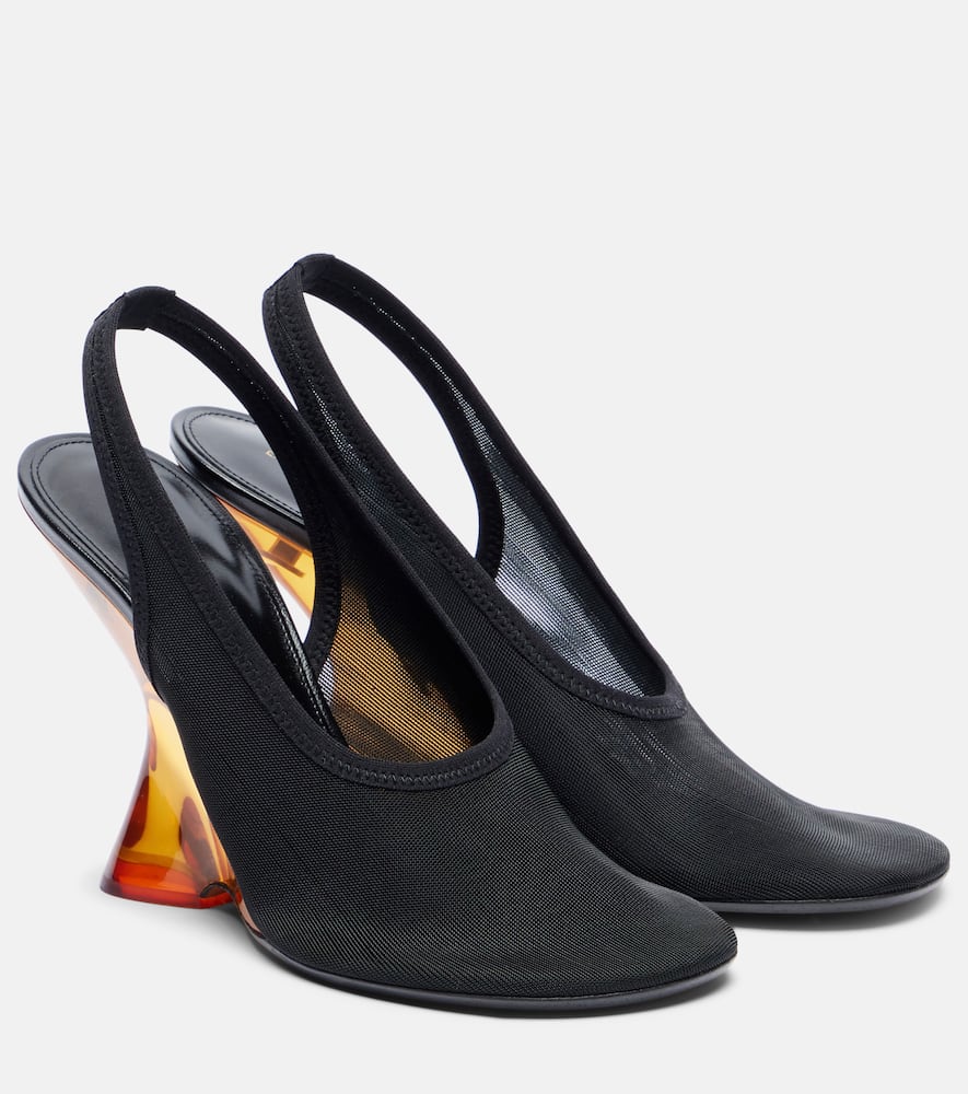 Mesh wedge slingback pumps