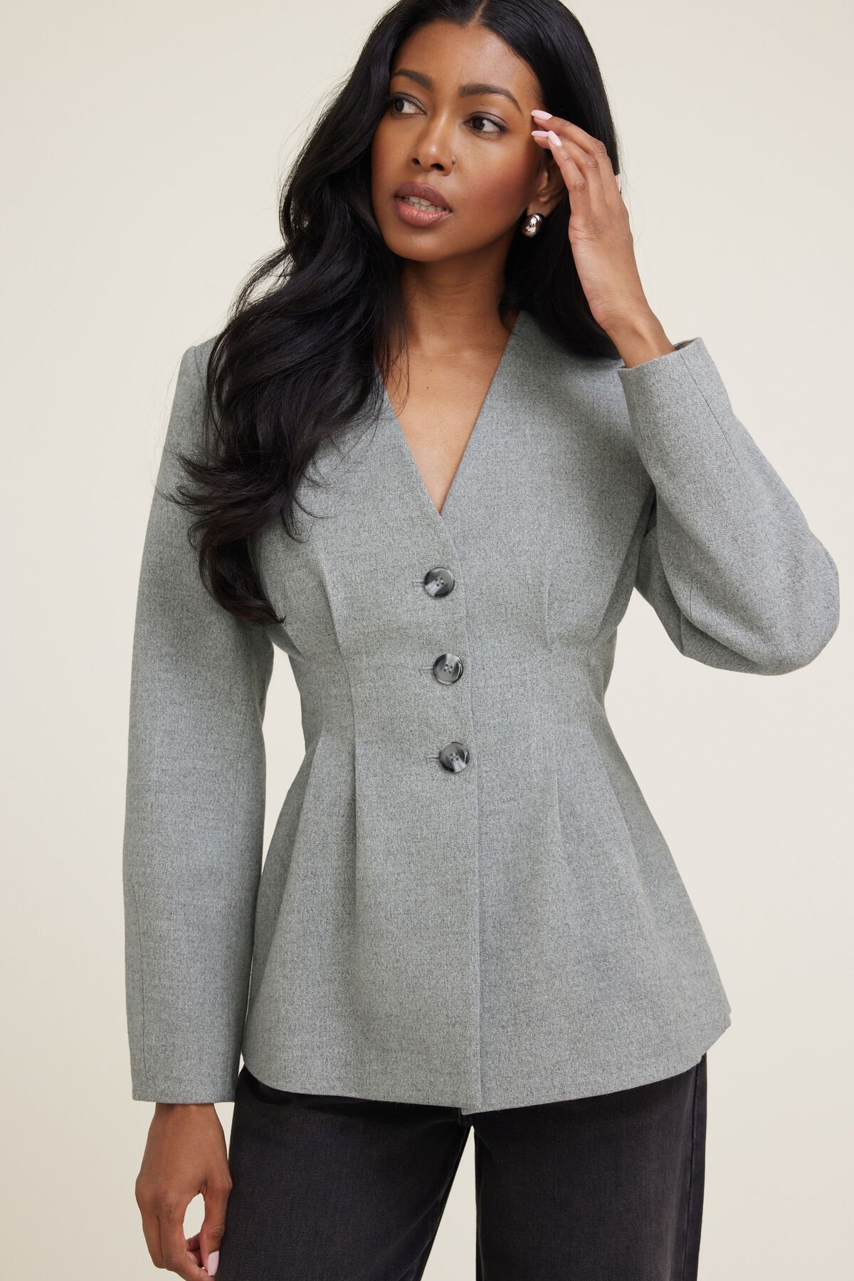 Pleated Collarless Flannel Blazer