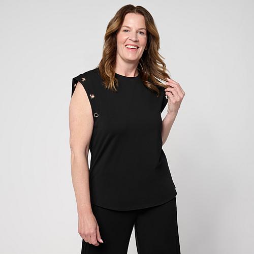 Grommet Detail Cap Sleeve Jersey Knit Tee - Black