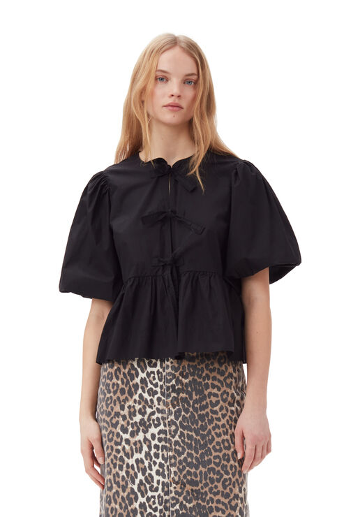 Cotton Poplin Peplum Tie Blouse