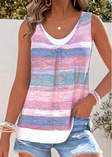 Modlily Pink Tummy Coverage Striped Sleeveless Scoop Neck Tank Top