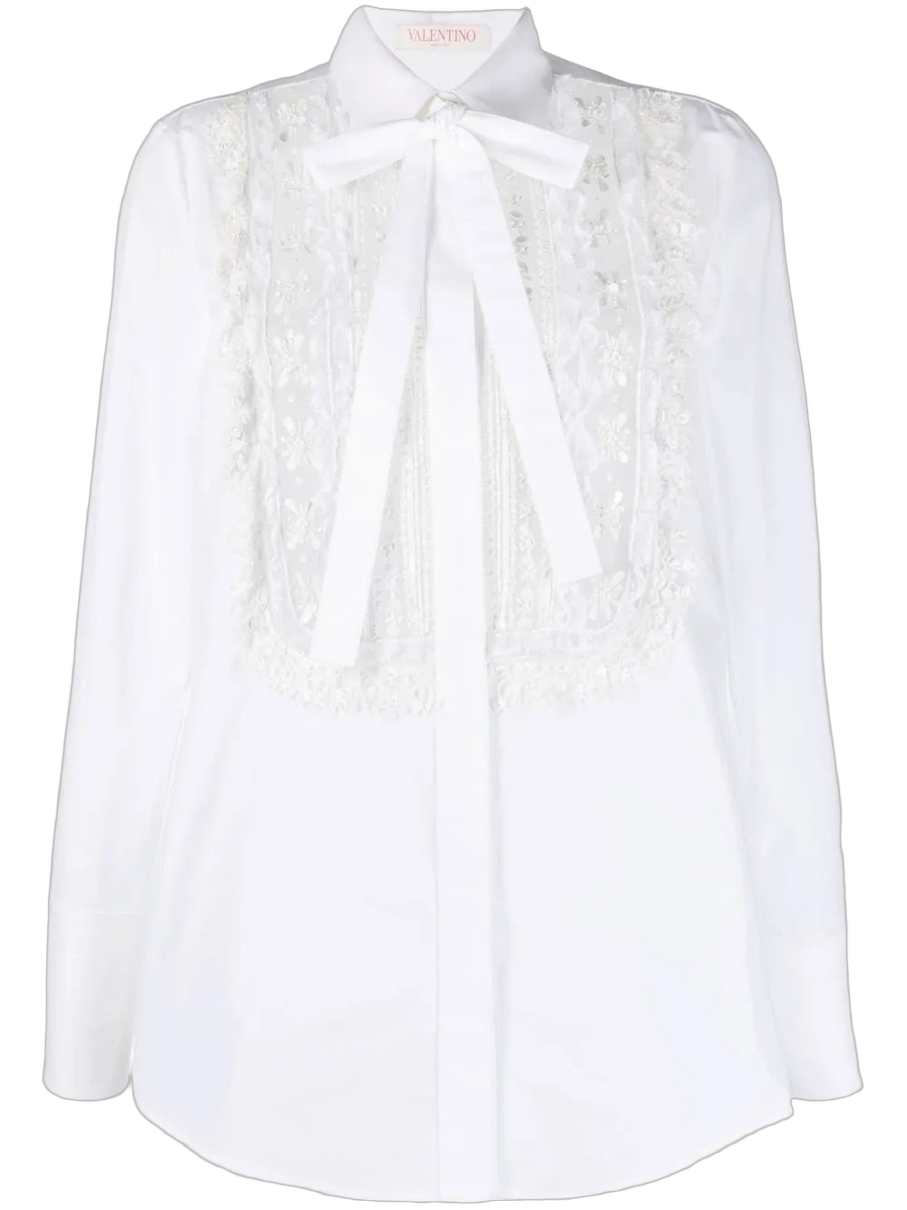 Lace-Bib Pussy-Bow Blouse — White