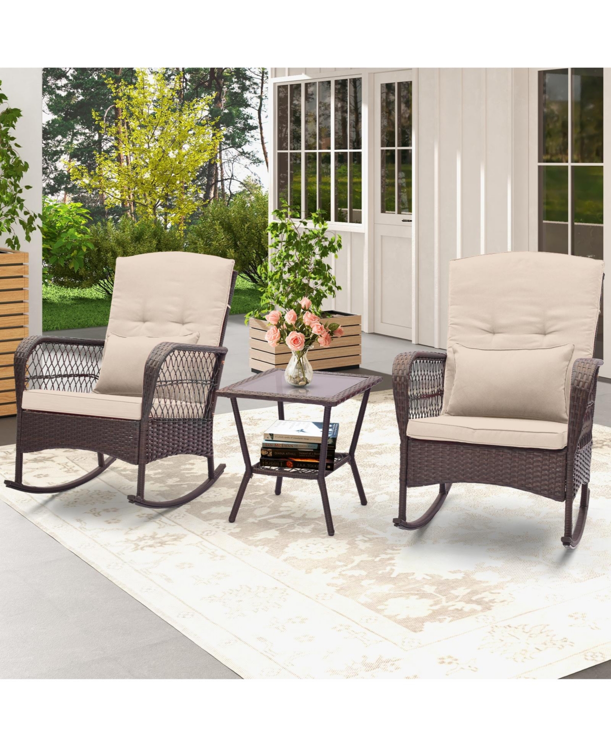 3 Pieces Rocking Bistro Set with 2-Tier Coffee Table - Brown