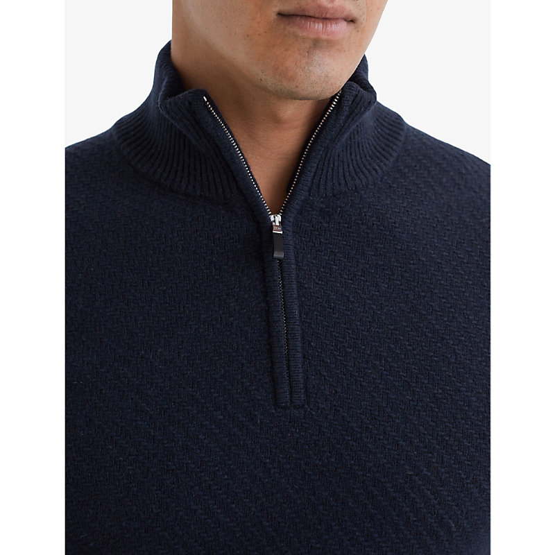 Mens Navy Tempo Half-zip Slim-fit Wool Jumper L