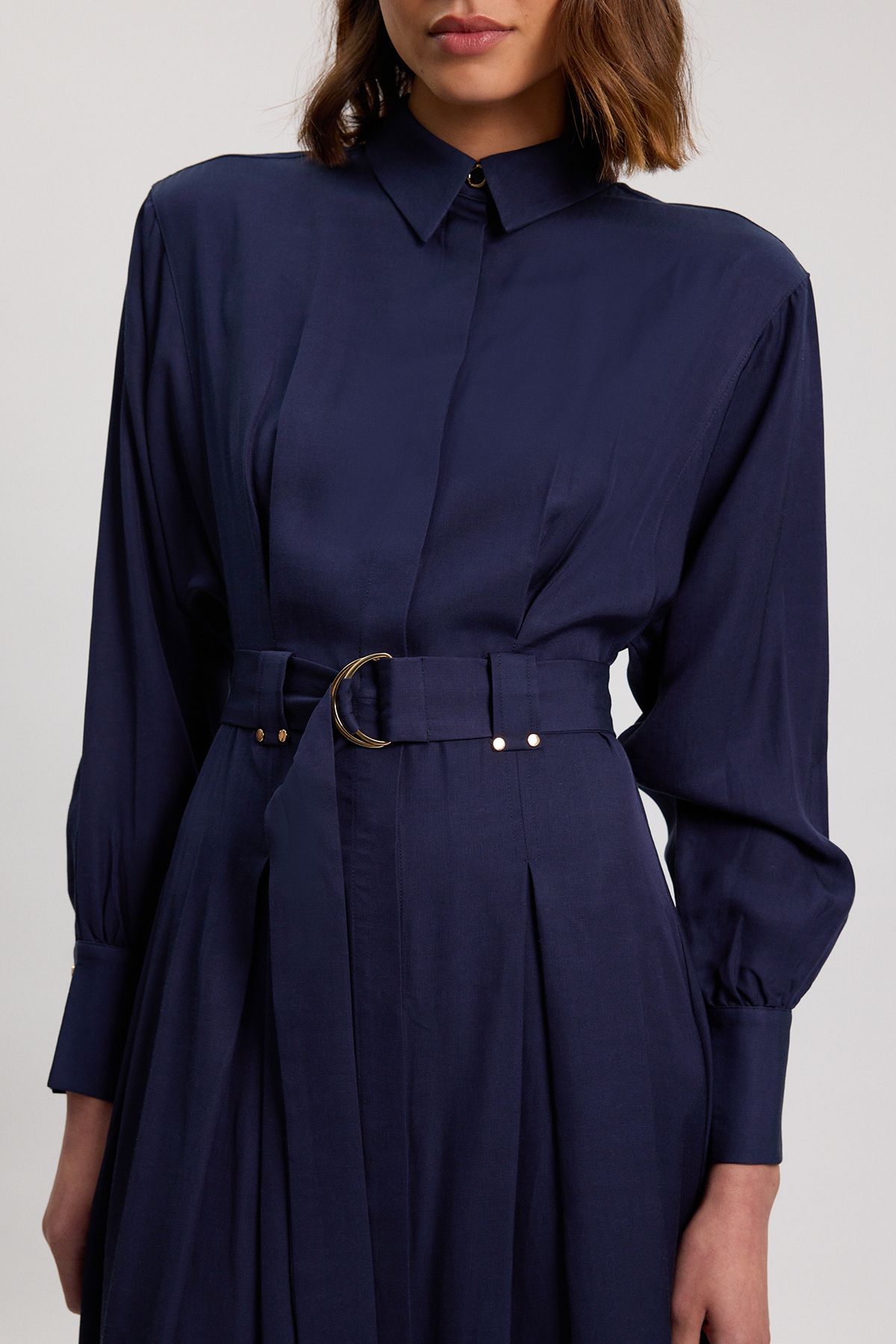 Karen Millen Womens Premium Viscose Linen Woven Shirt Dress With Gold Buckle Belt - Navy