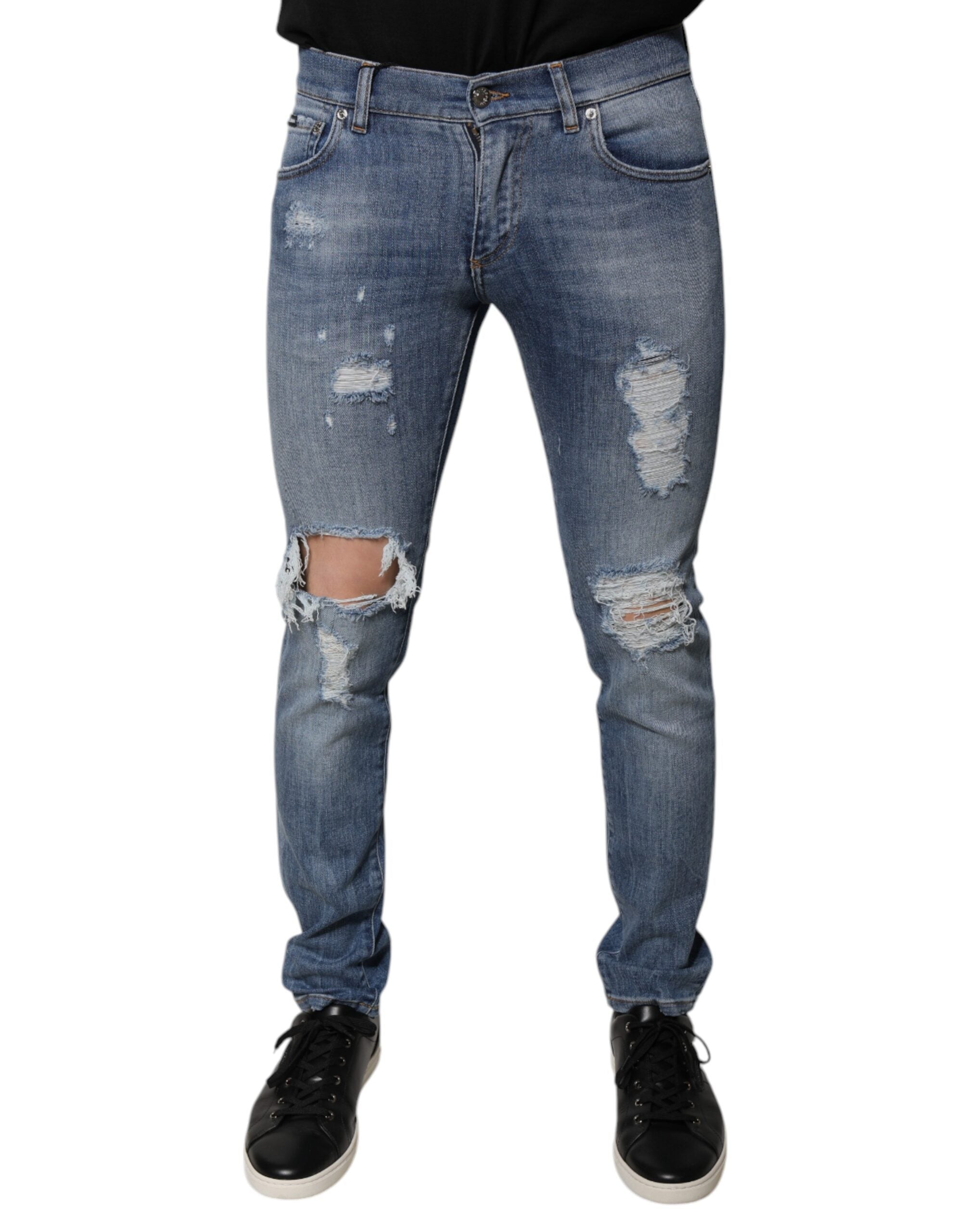 Distressed Cotton Stretch Jeans — Blue