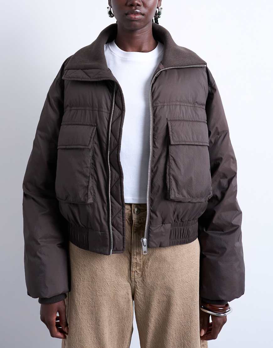 Short rib collar puffer bomber jacket in chocolate-Brown