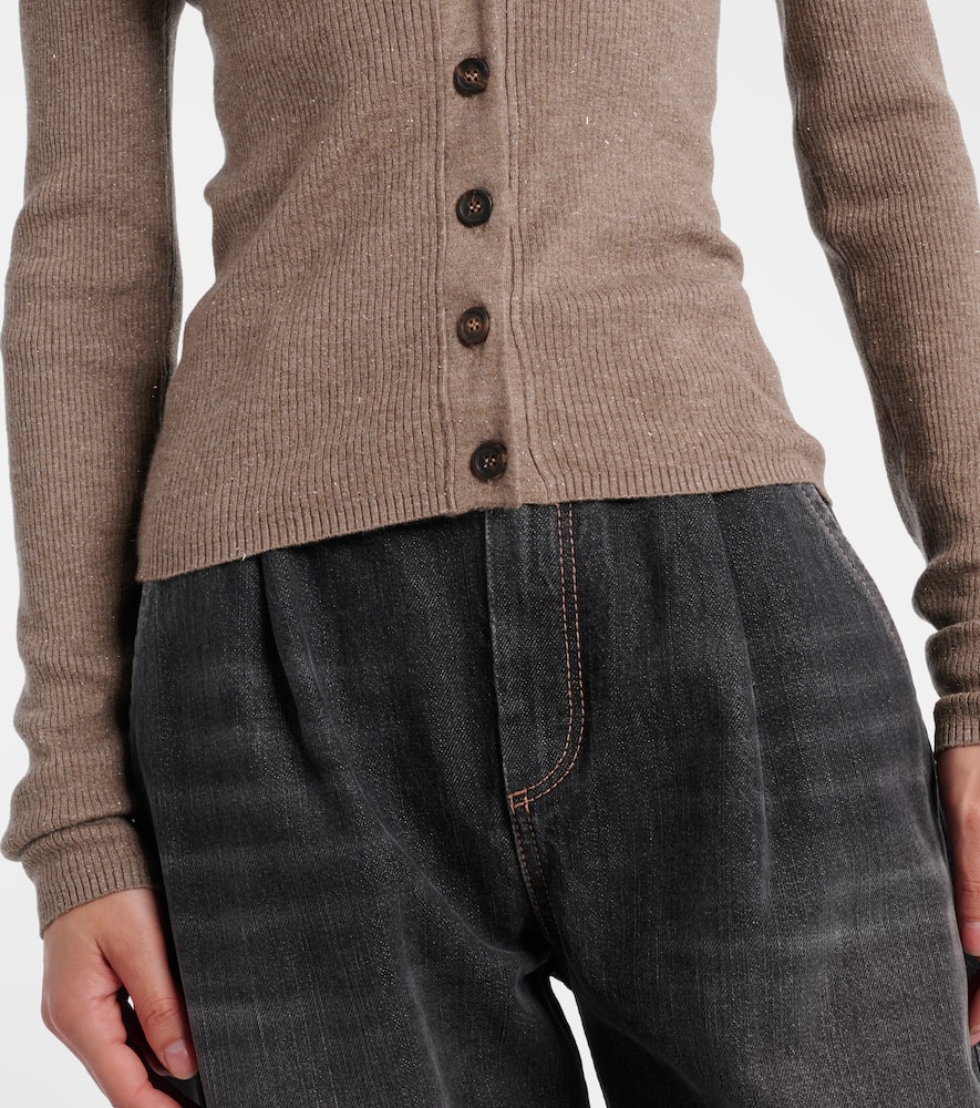 Ribbed-knit lamé cardigan