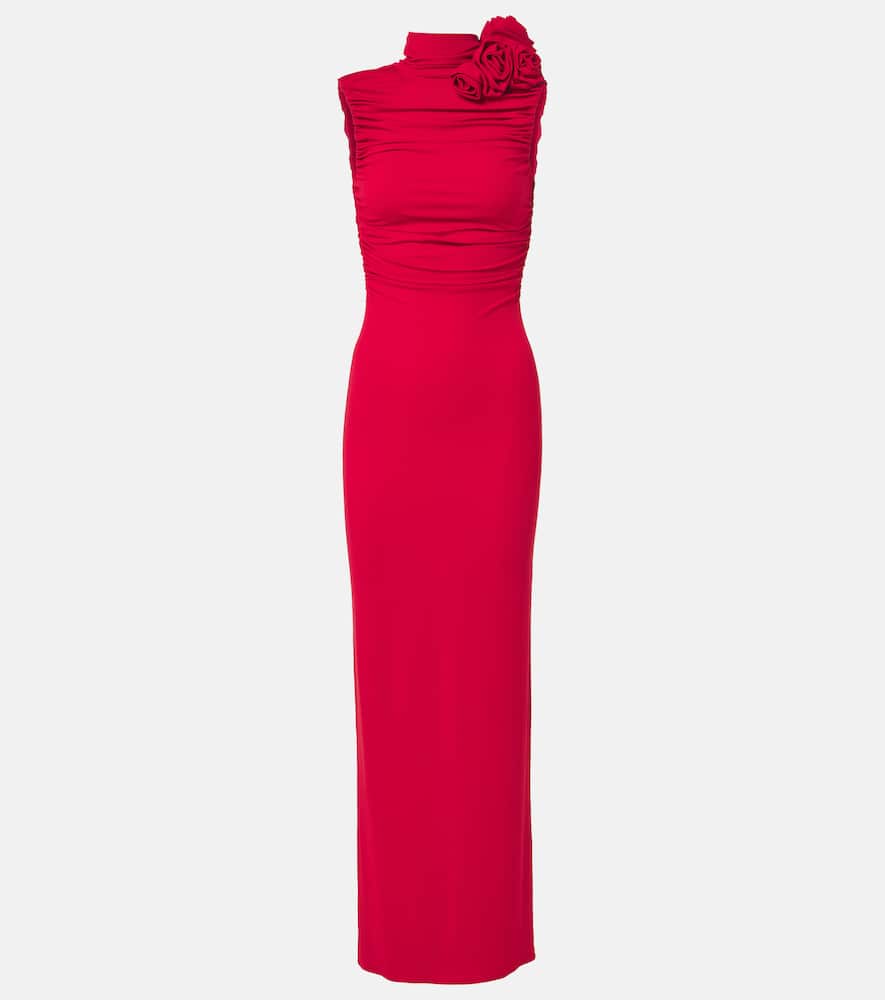 Floral-appliqué ruched jersey gown