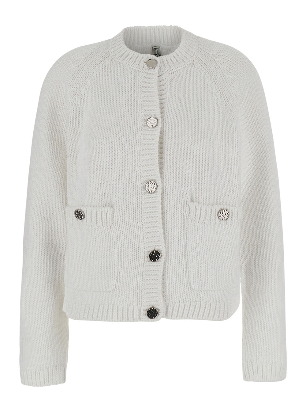 Cotton Crew Neck Cardigan — White