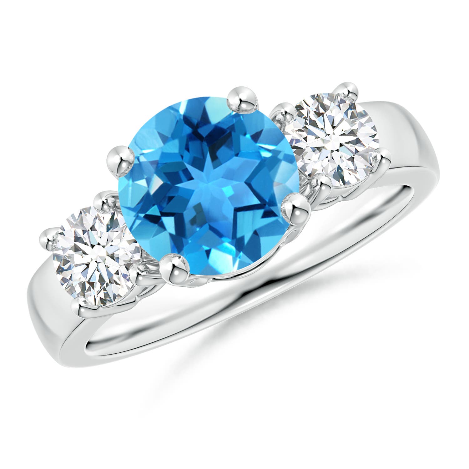 Angara 2.35 Carats Classic Round Swiss Blue Topaz and Diamond Three Stone Engagement Ring in Platinum