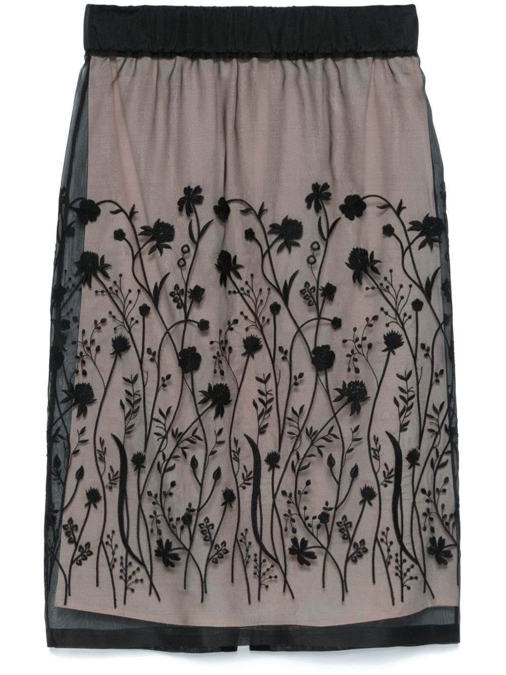 Floral-embroidered midi skirt - Black
