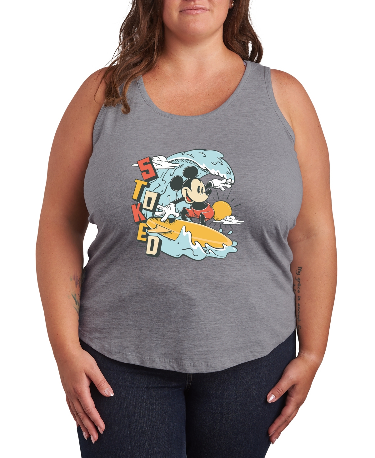 Plus Size Disney Mickey Surfing Stoked Racerback Graphic Tank Top - Heather Gray
