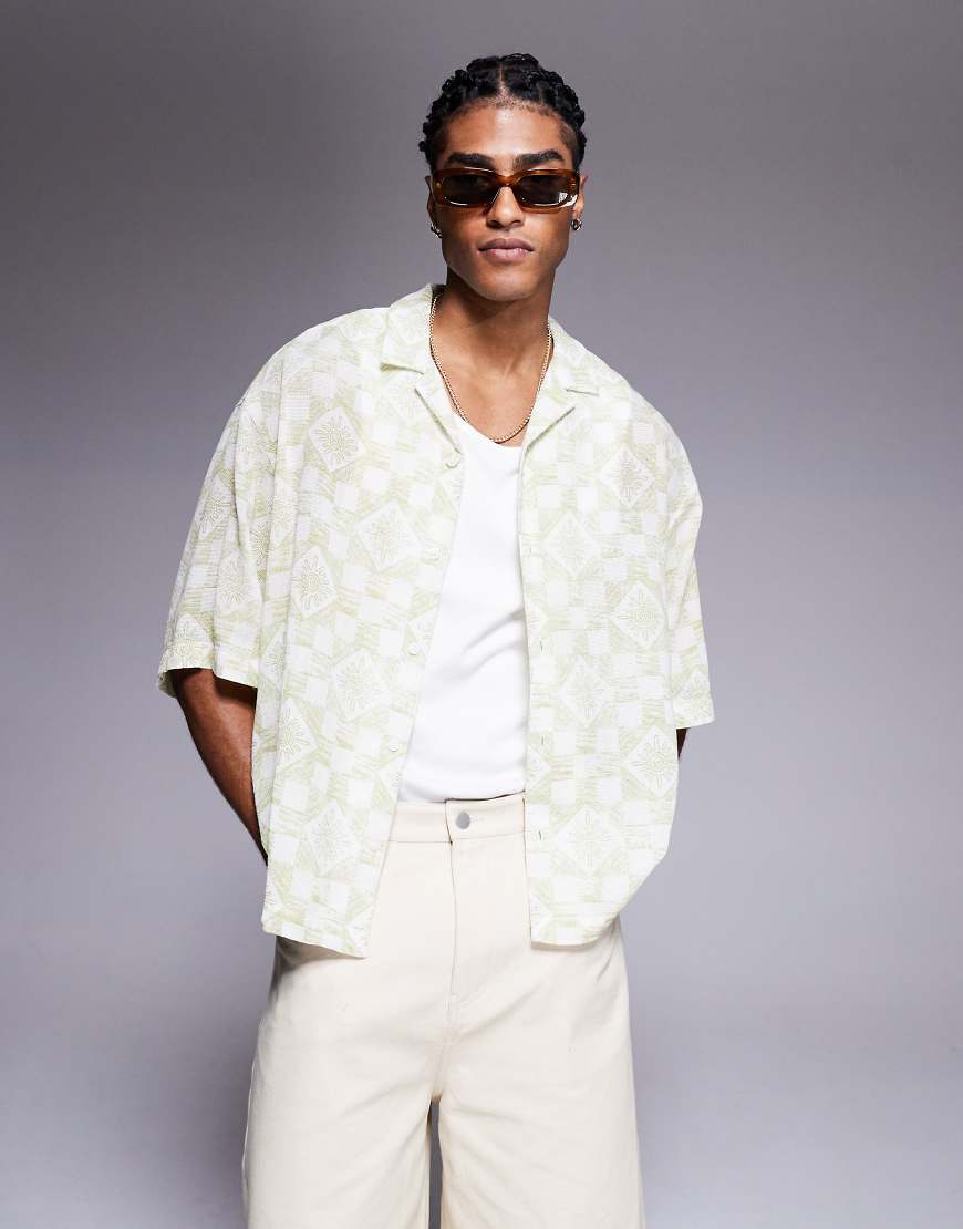 Boxy oversized textured shirt with tile print in sage green