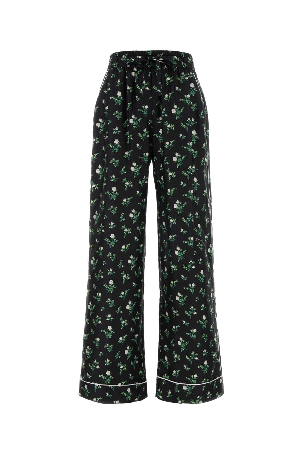 Floral-Printed Silk Trousers — Black