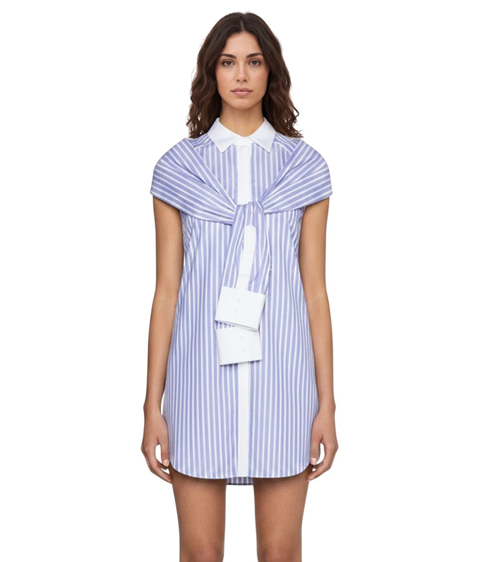 Sky Blue Stripes Shirt Collar Mini Dress