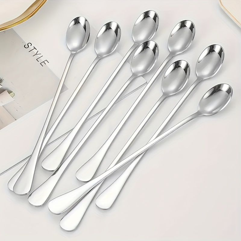 TEMU 10pcs Stainless Steel Long Handle Spoons Set - Dishwasher Safe, No Electricity Needed, Ideal For Ice Cream, Coffee, Tea Stirring - Kitchen