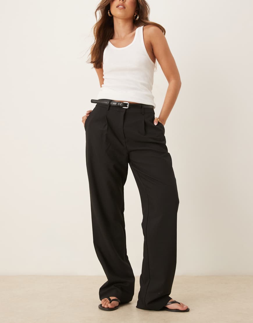 Tailored straight leg trousers with faux leather belt in black