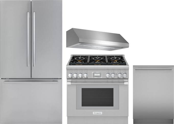 Thermador 4 Piece Kitchen Appliances Package with French Door Refrigerator, Gas Range and Dishwasher in Stainless Steel THRERADWRH1288