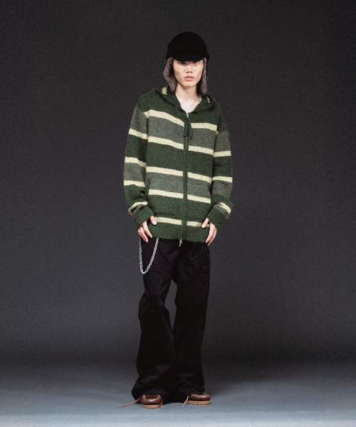 STRIPE KNIT HOODIE ZIP-UP KHAKI