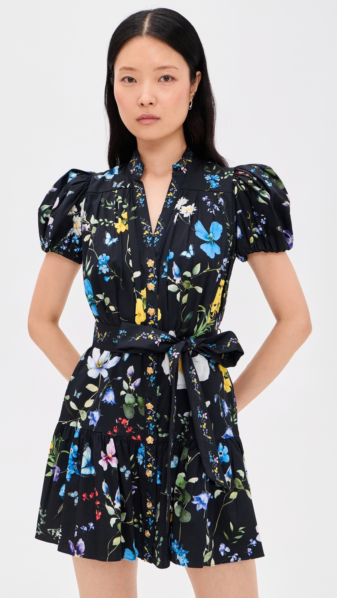 Cora Short Sleeve Tiered Mini Shirt Dress TWISTING VINES BLACK