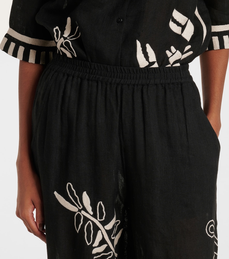 Octopus embroidered linen wide-leg pants