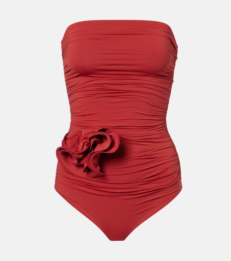 Floral-appliqué ruched swimsuit