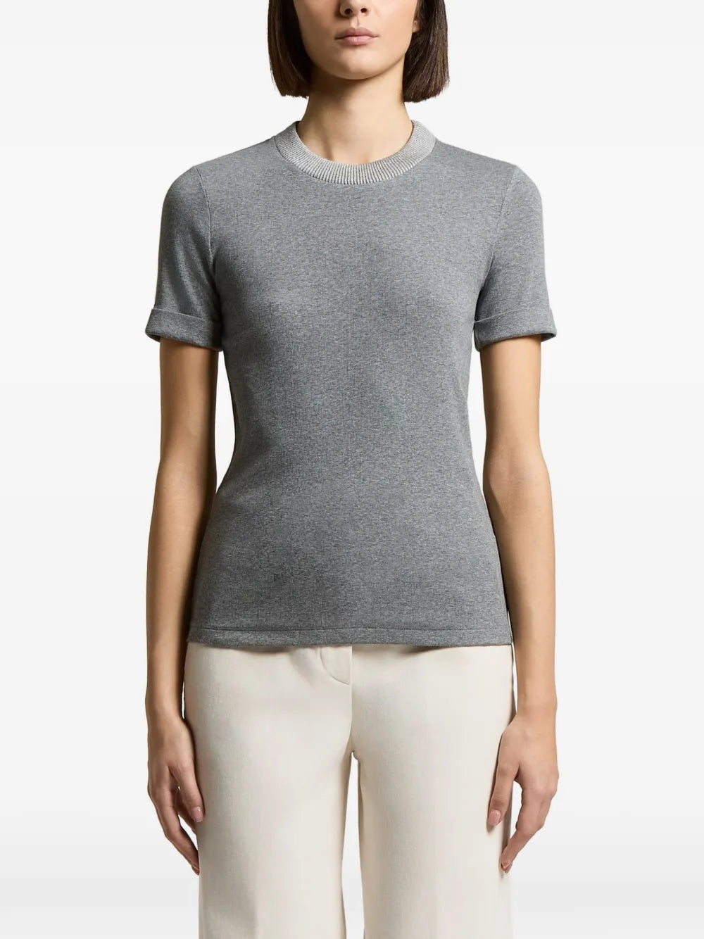Ribbed-Knit Short-Sleeve Sweater — Gray