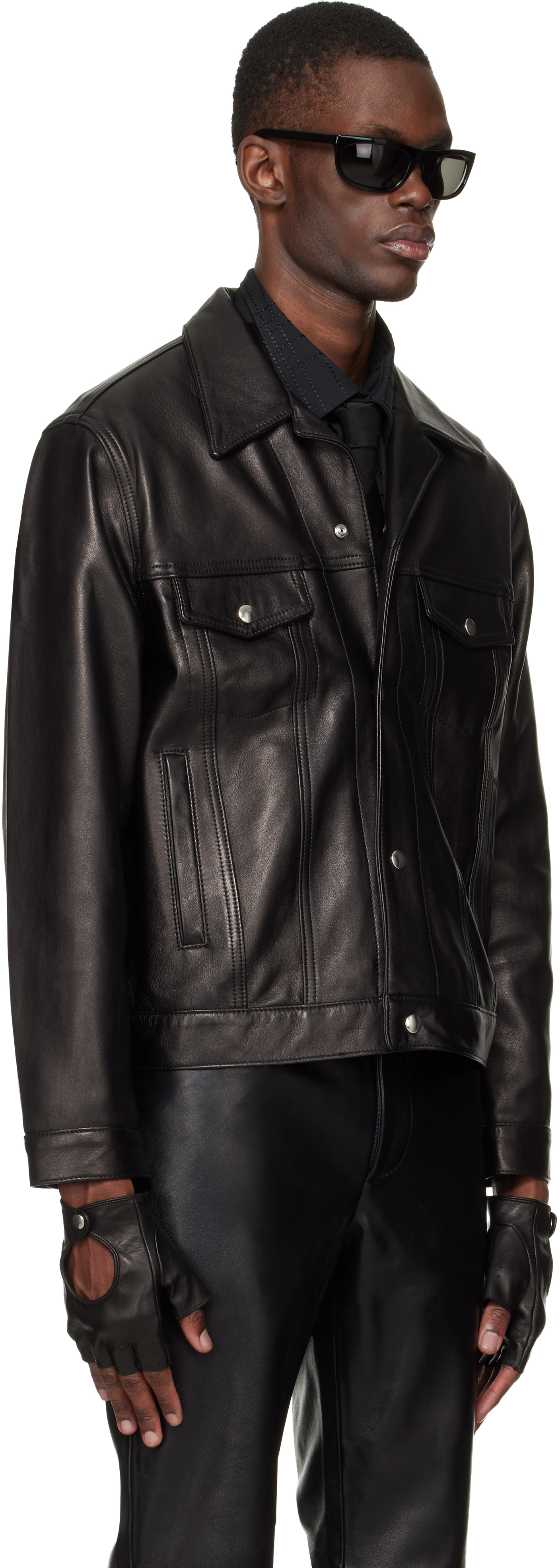 Black Diamond Spread Collar Leather Jacket