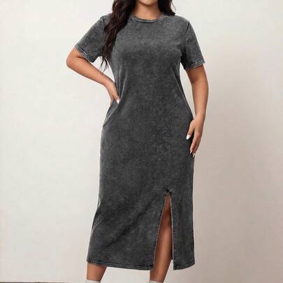 Plus Plus Long Acid-Washed T-Shirt Dress Tee Shirt Dress Long Casual Dress, For Apple And Rounded Body Shape, For Summer