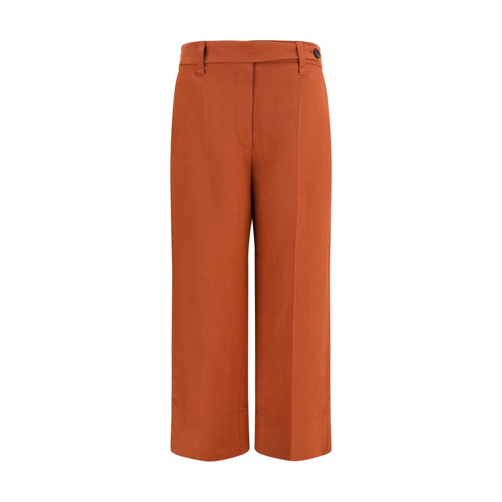Viscose-Linen Twill Trousers — Brown