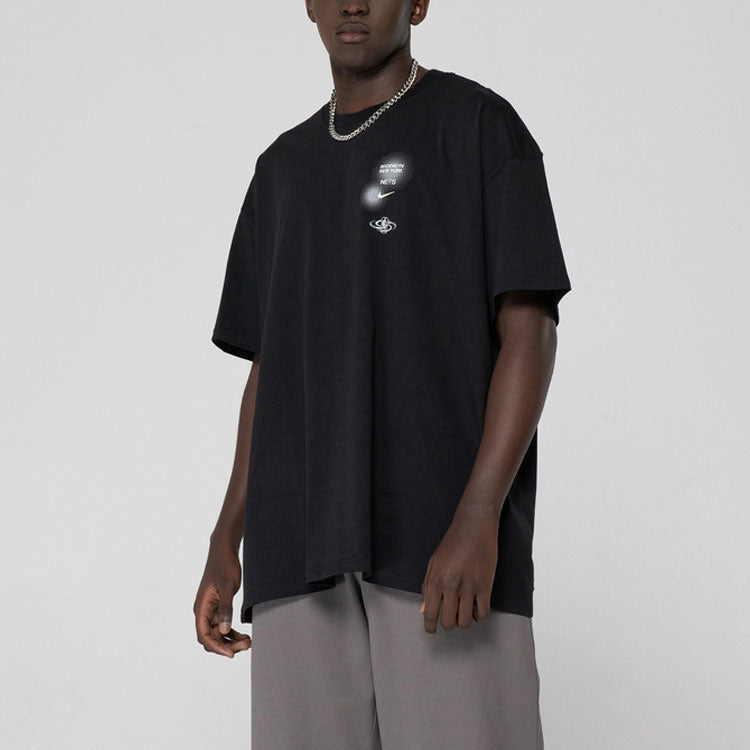 Men's Brooklyn Nets Geometry Pattern Logo Printing Round Neck Short Sleeve Black T-Shirt