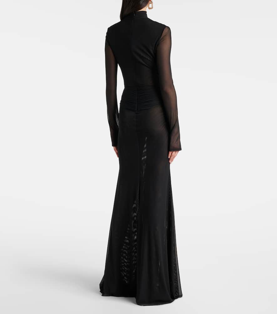 Floral-appliqué mesh gown