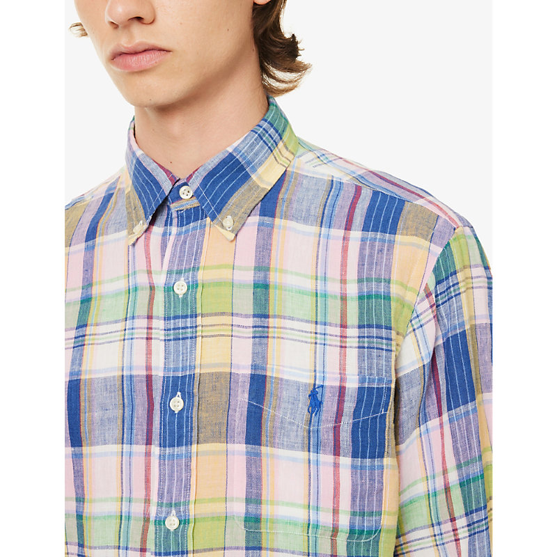Mens 6357b Navy/pink Multi Check-pattern Regular-fit Linen Shirt 