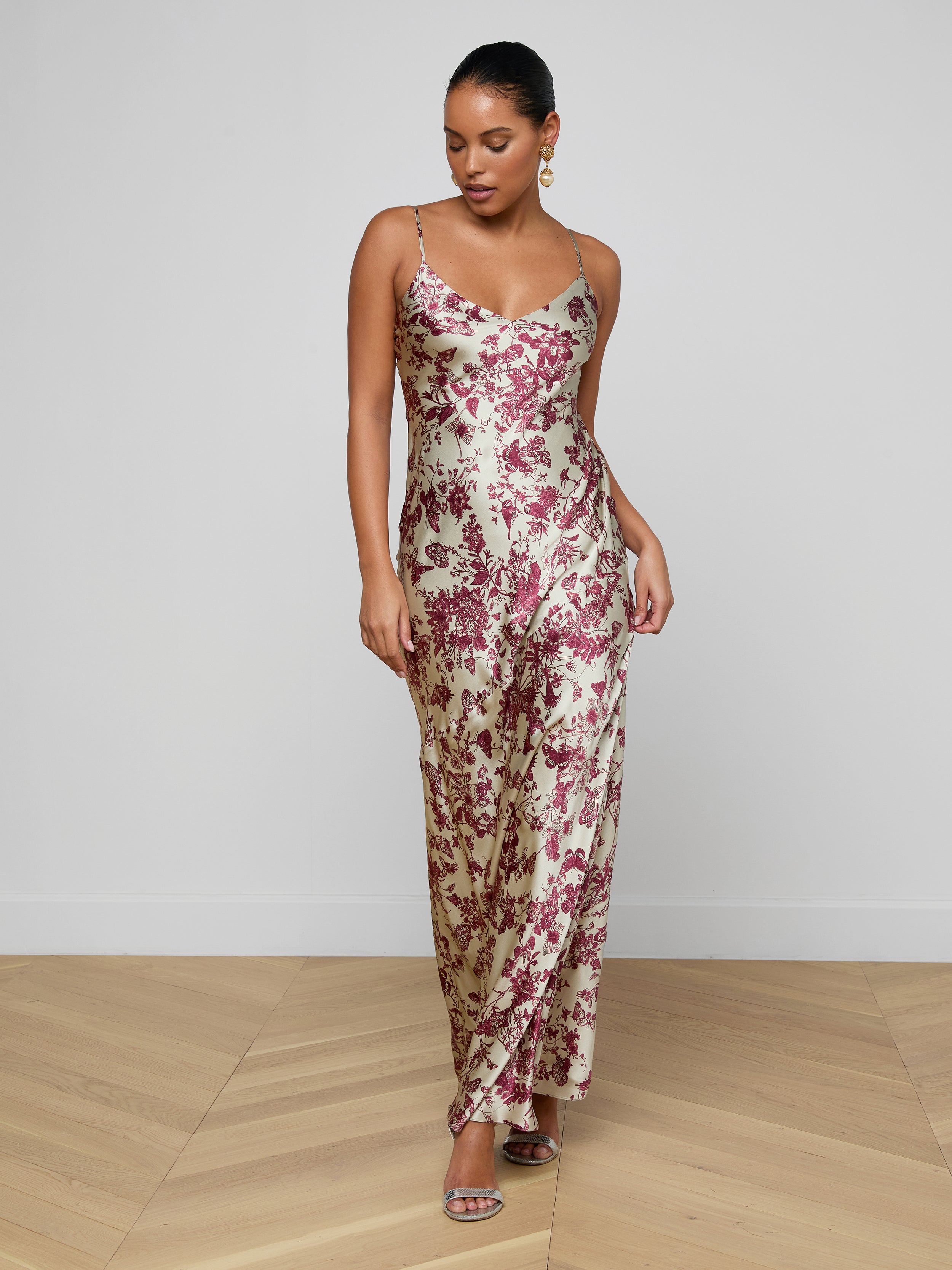 Serita Silk Gown In Tan/truffle Butterfly Toile