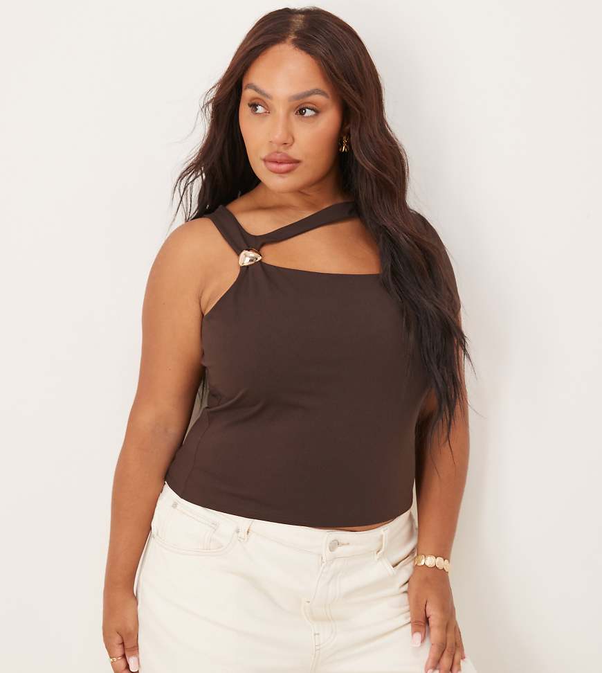 ASOS DESIGN Curve clean hardware detail cut out bodysuit in chocolate-Brown