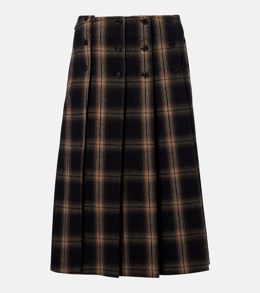 Plaid pleated cotton midi skirt
