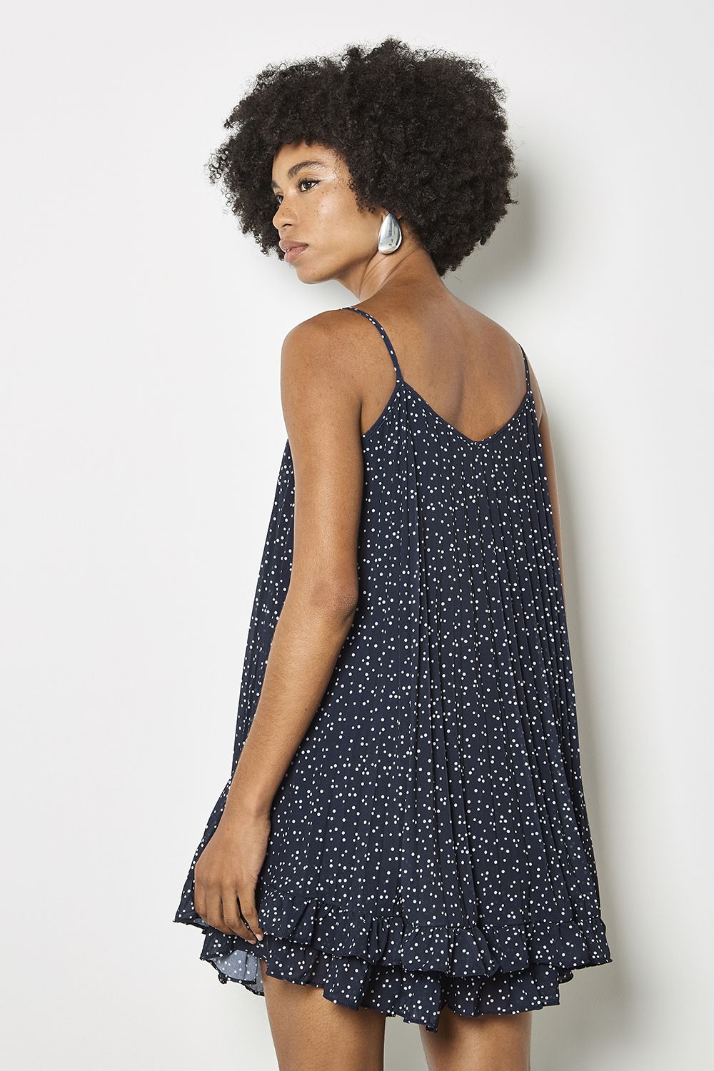 Apricot Women's Polka Dot Pleated Chiffon Cami Top in Navy