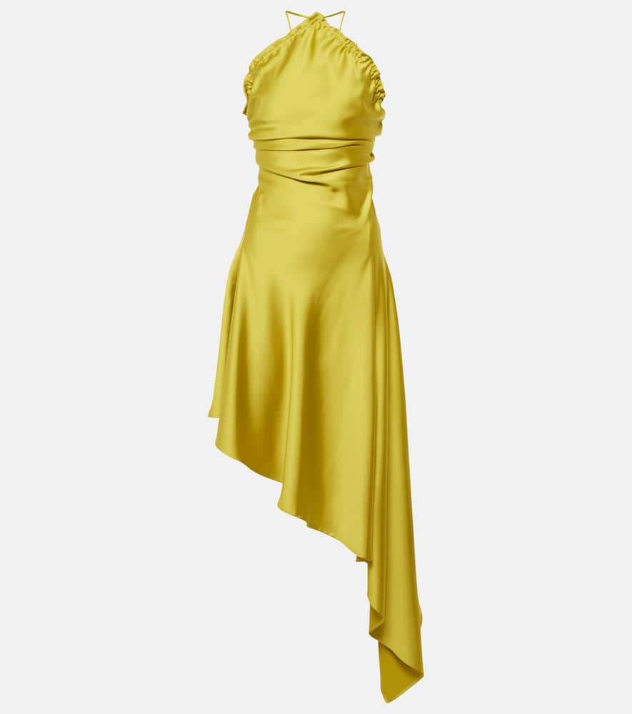 Feather-trimmed satin gown