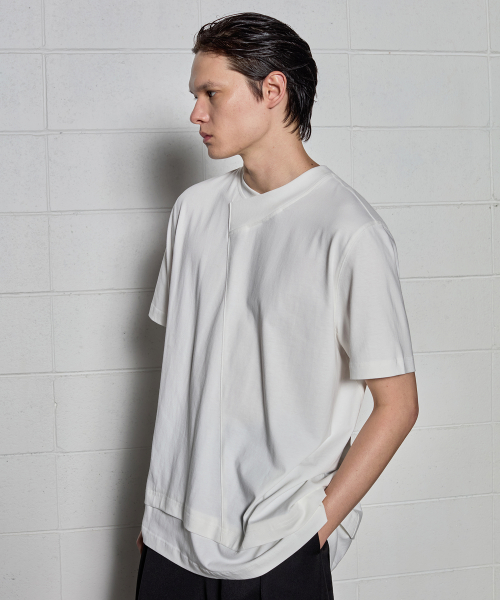 Diagonal Layered Loose Crewneck T-Shirt